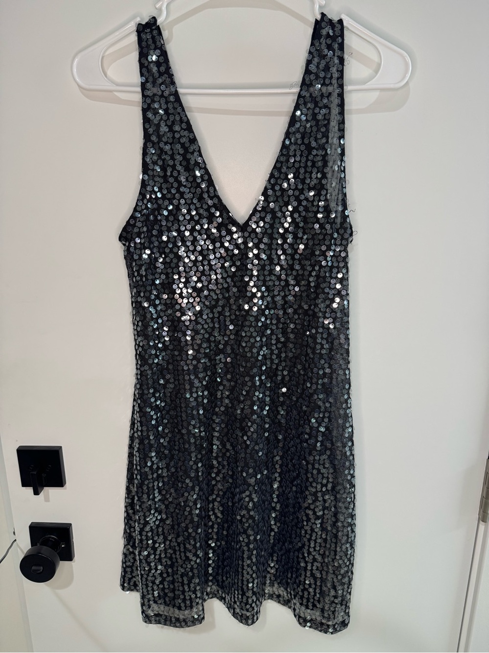 American Eagle Black Sequin V-Neck Sleeveless Mini Dress